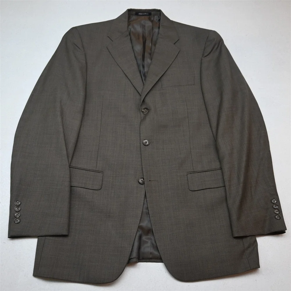 Vty Y2K 2000s Boxy 38R 32x30 Brown Sharkskin 100% Wool Mens Jacket Pants Suit